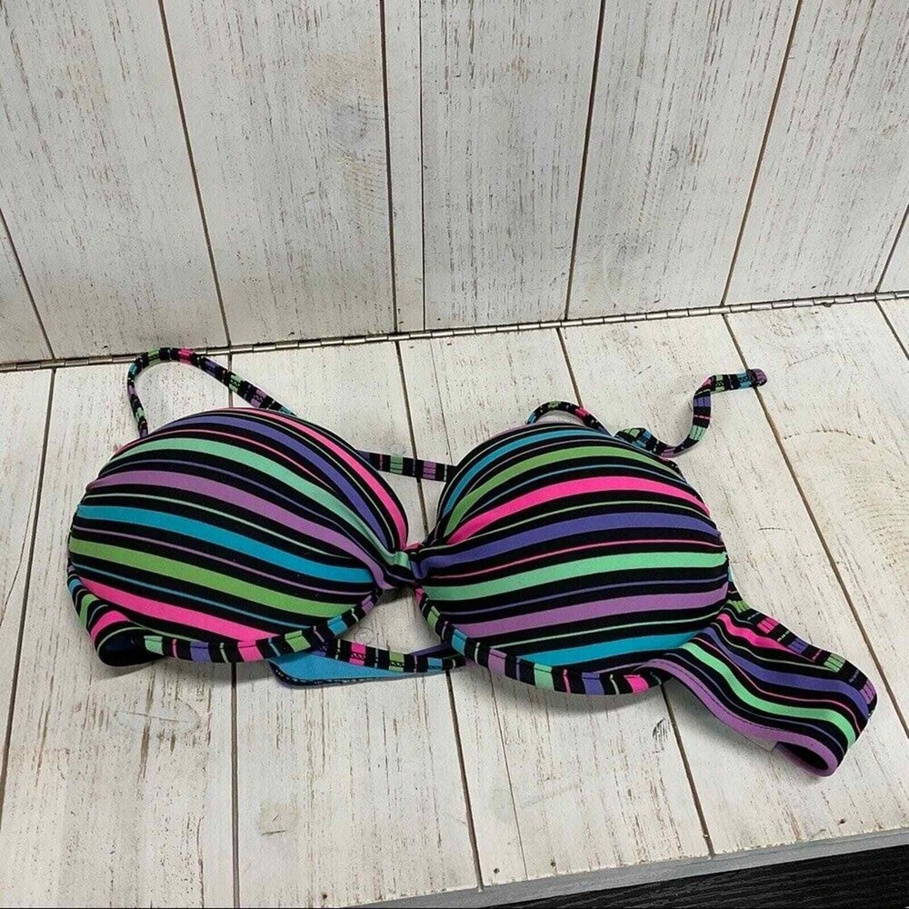Arizona Jean Co Woman's Large Swim Halter Top Bright Multi Color Stripes Padded